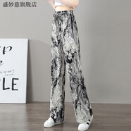 盛妙慈雪紡水墨畫褲子女夏季新款寬松休閑冰絲闊腿褲薄款顯瘦女士直筒褲 【水墨畫】冰絲褲闊腿褲#121 L 建議100-120斤