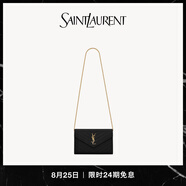 YSL圣羅蘭【禮物】女士CASSANDRE ENVELOPE粒面皮革鏈條錢包 黑色 U