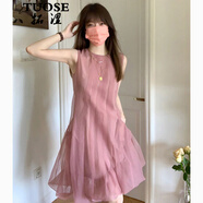 拓澀（TUOSE）女2025夏季新款超仙甜美粉色減齡無袖A字短裙雪紡顯瘦泡泡連衣裙 粉色連衣裙S