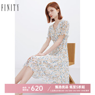 菲妮迪品牌連衣裙夏季新款簡(jiǎn)約氣質(zhì)印花度假風(fēng)荷葉袖V領(lǐng)A字裙 白底印花 M
