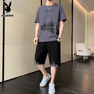 花花公子純棉套裝男士短袖短褲一套潮流運動休閑夏裝精神小伙寬松夏天衣服 套裝【上衣+短褲】22013灰色 M 【建議90-120斤】