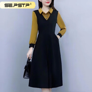 夏典素訂女王（SE.PSTP）感長(cháng)袖連衣裙雪紡碎花假兩件洋氣收腰顯瘦中長(cháng)款裙子女春秋裝女裝 黃色【有口袋】 M 建議90-100斤