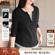 MsShe【長(cháng)袖假兩件針織衫】大碼女裝2025秋裝胖mmT恤遮肚巨顯瘦毛衣 短袖【V領(lǐng)】黑色現貨 6XL