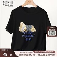 她池2025春夏新款減齡卡通熊印花寬松上衣女簡約休閑短袖T恤
