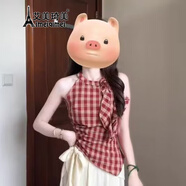 艾美琦美（AIMEIQIMEI）2025新款夏季不規(guī)則連衣裙子女裝套裝掛脖吊帶背心上衣顯瘦兩件套 格子襯衫 S