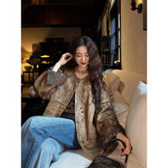 三吉黑花【摘星】繩繡細閃復古印花皮外套 肉桂咖 M