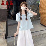 萬(wàn)欣兒藍色雪紡上衣女夏法式娃娃小衫泡泡袖多巴胺穿搭2026新款短袖T恤 藍色 M 【建議95-110斤】