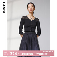 LANDI透明拼接V領(lǐng)木耳邊七分袖針織衫女春季新款套頭上衣 黑色 M