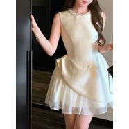 連衣裙miu系千金假兩件不規則珍珠領(lǐng)短裙女夏設計感歐根紗小禮裙 珠光杏-無(wú)袖連衣裙 M M