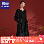 羅蒙（ROMON）高端連衣裙秋冬款寬松顯瘦圓領(lǐng)長(zhǎng)袖羊毛闊版修身純色中長(zhǎng)A字裙子 黑色 XL (125-140斤)