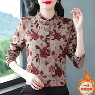 格嵐祺加絨加厚打底衫女秋冬洋氣長(cháng)袖t恤女木耳邊立領(lǐng)保暖打底上衣女 紅色 牡丹花 3XL 建議110-125斤