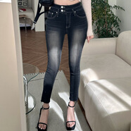 LMVXRM雙排扣煙灰色牛仔褲女韓版顯瘦高腰緊身彈力九分小腳褲 黑灰色 XS