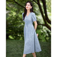 AEMAPE知性優(yōu)雅短袖連衣裙女2025夏季新款女裝高腰顯瘦小個(gè)子V領(lǐng)裙子女 藍(lán)色 L 建議105-115斤