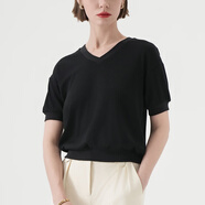 CANVAUS短袖V領(lǐng)純色t恤女夏季新款白色簡(jiǎn)約寬松內(nèi)搭通勤包袖上衣 黑色 S
