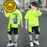 G.DUCKKIDS品牌童裝兒童裝男童夏裝套裝中大童男孩夏季韓版洋帥氣短袖潮衣服 88款卡通套裝 淺綠色 130 建議身高120CM左右