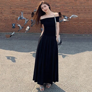 妙奕嘉黑色連衣裙裙子女夏季2025新款長(cháng)裙赫本風(fēng)法式顯瘦氣質(zhì)純欲沙灘裙 一字肩短袖露肩法式赫本風(fēng)長(cháng)裙 XL 【建議85-120斤】