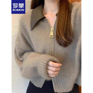 羅蒙（ROMON）設計感拼接皮領(lǐng)雙拉鏈針織衫毛衣女2025秋冬新款軟糯別致復古上衣 咖色 L -110-120斤