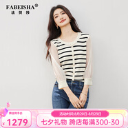 法貝莎品牌法式木耳邊條紋針織衫女2025秋季新款歐根紗拼接長(cháng)袖上衣 黑白條紋 M (100-110斤)