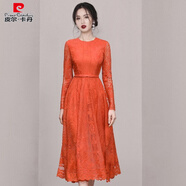 皮爾卡丹（pierre cardin）2023春秋新款時尚氣質(zhì)經(jīng)典圓領(lǐng)赫本風(fēng)收腰大擺蕾絲中長款連衣裙 桔色 S