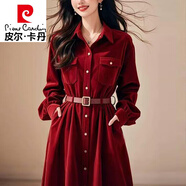 皮爾卡丹（pierre cardin）金絲絨紅色輕奢感長(cháng)裙女?huà)宨媽秋季大尺碼顯瘦收腰a字氣質(zhì)洋裝 安可拉紅【版】 XL (120-140斤)