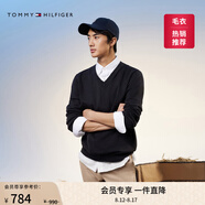 TOMMY HILFIGER【柔軟純棉】25秋冬男撞色條紋學院風針織衫/情侶款純色毛衣 【純色V領】經典黑BDS S  （推薦：120-135斤）