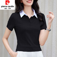 皮爾卡丹（pierre cardin）領(lǐng)正肩短t袖恤女2025夏季新款紐扣短款顯瘦上衣百搭拼色體恤氣質(zhì) 黑色 S