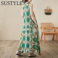 SUSTYLE奢侈高端品牌女裝高檔2025新品夏季波西米亞長裙袖圓領(lǐng)印花連衣裙 綠色 M