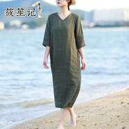 筱笙記夏季新款高密織亞麻寬松減齡中長款V領(lǐng)休閑簡約色連衣裙女袍子 橄欖綠色織亞麻連衣裙 S