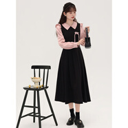 茉衣雅（MOYIYA）大碼法式高級感長(cháng)袖連衣裙女春秋假兩件收腰撞色長(cháng)裙赫本風(fēng)襯衫裙 黑粉色 M