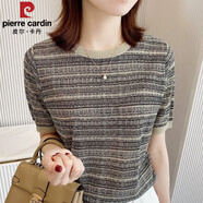 皮爾卡丹（pierre cardin）桑蠶絲織針衫短袖t恤女裝薄款大碼圓領(lǐng)夏季新款鏤空寬松短袖上衣 棕色 XL 建議120-130斤