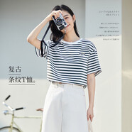 茵曼百搭通勤女裝條紋圓領(lǐng)短袖t恤春夏季休閑寬松顯瘦上衣 藍(lán)白條 S