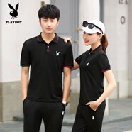 花花公子（PLAYBOY）短袖T恤女Polo衫夏季新款休閑修身上衣顯瘦情侶運動(dòng)跑步男大碼裝 808套裝黑色 3XL 男款【165斤內】