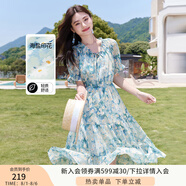 香影小清新v領碎花連衣裙女2025夏季新款木耳邊藍色泡泡袖雪紡裙 藍色 S