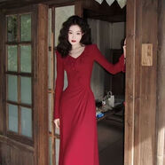 自語(yǔ)（ZIYU）2025春秋復古紅可拆卸玫瑰針織紅色連衣裙秋新中式訂婚裙過(guò)年戰衣 紅色連衣裙 L
