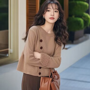 歐貨小香風(fēng)斜扣別致漂亮小衫毛衣女2025秋冬短款高級感針織衫上衣 駝色 M