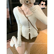 LNGA LANDGRE韓版蕾絲拼接長(cháng)袖針織衫秋冬新款修身顯瘦設計感百搭上衣內搭打底 白色_高品質(zhì)_超顯瘦_款式新穎_ 均碼 _建議【80-120斤】