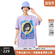 幻走（MOVEUP）2025夏季新款.FUN系列短袖圓領(lǐng)貓咪印花中長(cháng)款T恤女 天空紫 M