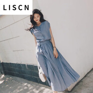 LISCN雪紡連衣裙女夏2025新款流行韓版氣質(zhì)裙子很仙的法國過膝款長裙女 藍(lán)色 S