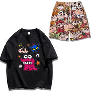 安初夏卡通蠟筆小新短袖T恤男純棉情侶裝可愛閨蜜裝寬松夏天休閑套裝潮 套裝【黑色短袖+蠟】 XL 【建議115-130斤】
