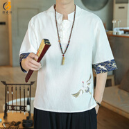 洛必達汗衫夏天短袖T恤男中國風(fēng)少數民族肥佬國風(fēng)男裝亞麻粗布衣服古風(fēng) 白色(901) M 90-110斤左右