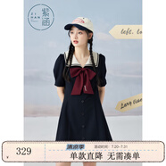 紫涵（ZIHAN）紫涵學院風連衣裙女夏季甜美撞色翻領(lǐng)收腰小個子A字短裙 黑藏青 S