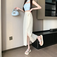 以純（YISHion）不規則西裝半身裙女夏季高腰顯瘦裙子休閑百搭a字開(kāi)叉包臀中長(cháng)裙 杏色 S