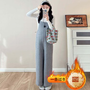 依鎏衣品高級感仿羊絨孕婦加絨加厚背帶褲秋冬外穿保暖吊帶直筒褲毛衣套裝 花灰色+白毛衣/套裝 L建議115-130斤