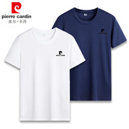 皮爾卡丹【兩件裝】T恤男夏季純色圓領(lǐng)套頭衫短袖男士潮牌彈力冰絲速干薄 白色+霧霾藍 XL