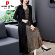皮爾卡丹（pierre cardin）中年媽媽連衣裙女春秋季高貴氣質(zhì)開(kāi)衫洋氣風(fēng)衣外套兩件套大碼女裝 黑色套裝 M (建議95-104斤)