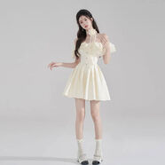一字肩荷葉邊白色連衣裙女夏季感收腰露肩a字裙甜美公主裙子 杏色短款 S S