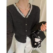 實(shí)拍亮片釘珠V領(lǐng)韓國女子疏織針織基礎款短款長(cháng)袖外套毛衣開(kāi)衫 黑色 M M