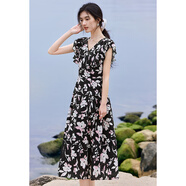VKHVV領(lǐng)綁帶連衣裙女夏季新款荷葉邊浪漫優(yōu)雅系帶收腰顯瘦茶歇裙 黑底粉花 L 115-125斤