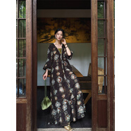 三吉黑花【楓林染】剪花織金印花天絲侘寂裙 黛黑 XS