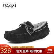 OZZEG澳洲豆豆鞋男鞋冬季加絨保暖休閑鞋真皮樂(lè)福鞋羊皮毛一體平底棉鞋 黑色 43
